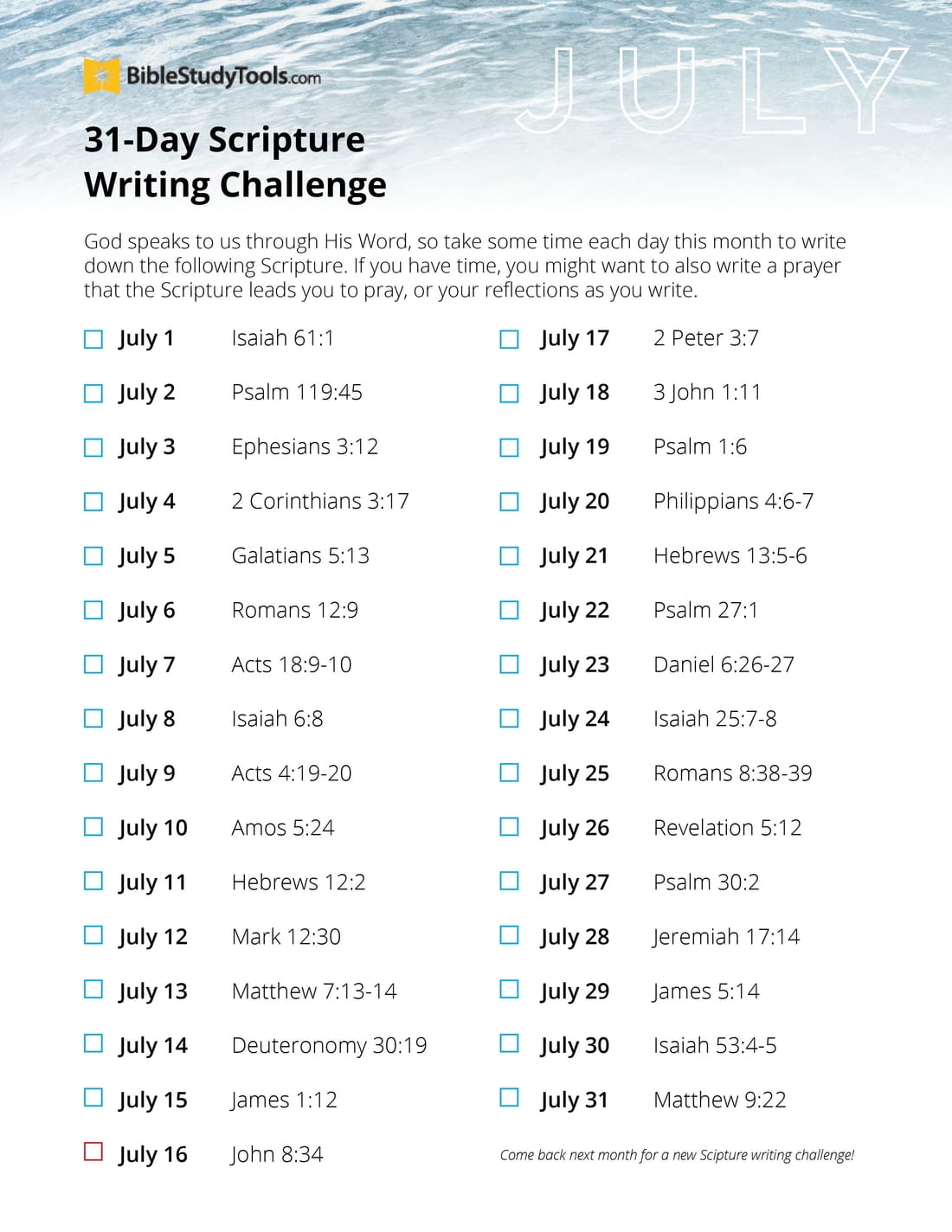 July Scripture Writing Guide