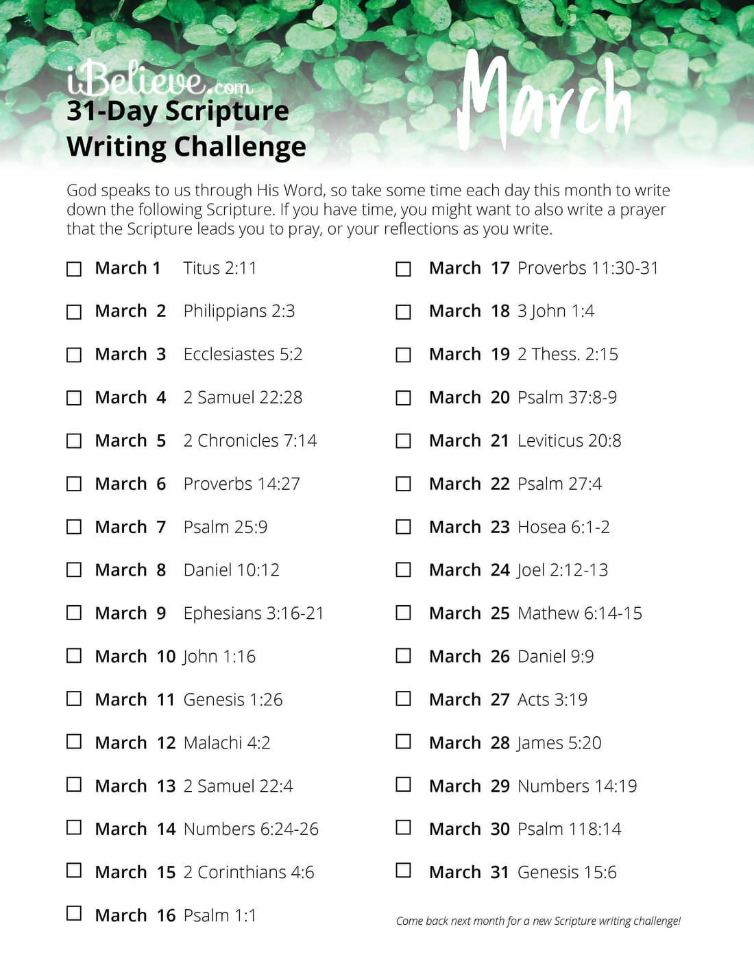 March 31 Day Scripture Writing Challenge