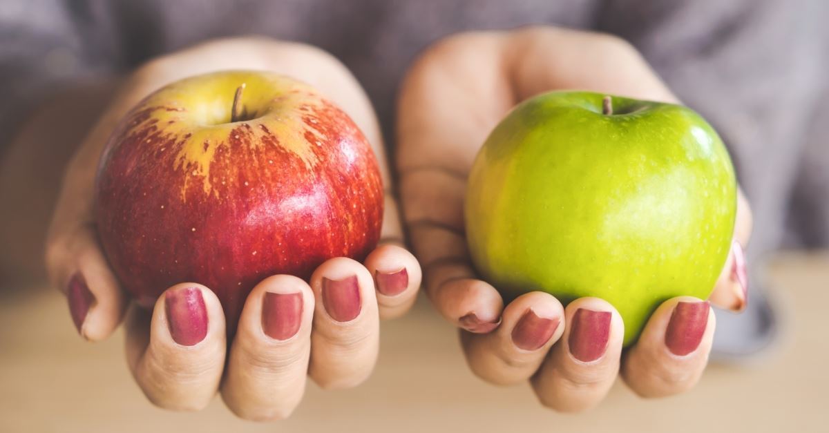 Hands holding two apples, stronghold of comparison