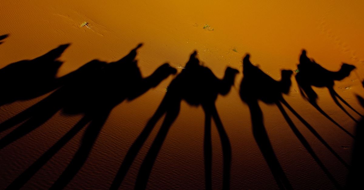 silhouettes of riders on camels, gold frankincense and myrrh