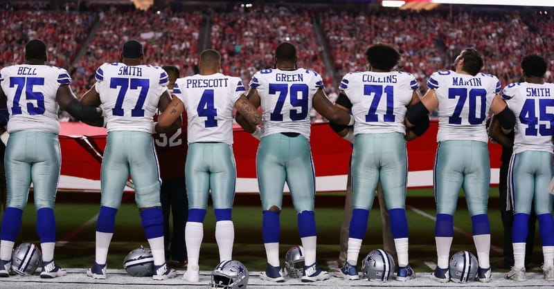 Dallas Cowboys Kneel, Then Stand for Anthem