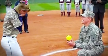 It was Military Appreciation Day at the ballpark, so Emily’s boyfriend Blake was throwing out the first pitch. All was going well until Emily walked back to the pitcher’s mound and Blake dropped to one knee. I think this game was a winner from the start!