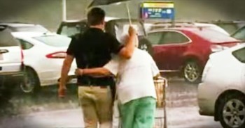 During a torrential downpour, employee Aaron helped escort an elderly woman to her car. This beautiful act of kindness hit me right in the heart. And when she put his arm around her…AWW!