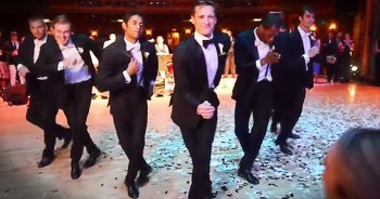 Valerie is a professional ballerina and she met her husband, Kirk, when they performed together with the Richmond Ballet. Now, they’re celebrating their vows on the very same stage they first met. And it wouldn’t be a dancer’s wedding without an epic dance number. Cue the groomsmen! 