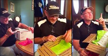 This Dad starting opening his birthday present not suspecting a thing. Until he got to a t-shirt that said 'Only The Best Dads Get Promoted To Grandpa'. And his reaction to this pregnancy announcement had me reaching for the tissues! When he started thanking God I couldn't hold back the happy-tears!