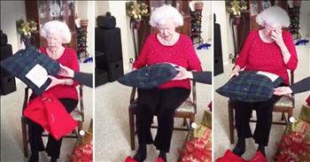 Her beloved husband passes away and her daughter wanted to do something special for her grieving mother. So she took one of her dad's old shirts and turned it into a pillow. And as soon as this beautiful grandma opens up this gift the tears start flowing. Wow what a beautiful thing to do! 
