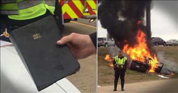 After a horrible crash Good Samaritans rushed to save a driver pinned in his burning car. Well God was with them all and thankfully he is going to be okay! But the most amazing part is that after the flames were put out the only thing in the car untouched was the driver's Bible. This gave me chills!