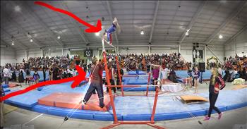 Gymnastics coach Vitali Laurentide was spotting a gymnast when she lost control trying to stick her landing. She was about to fall on her face when her coach made a catch and save you have to see to believe. I seriously watched it about six times to see just how he pulled this off. Good save coach!