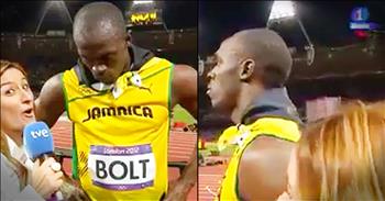 Jamaican track and field champion Usain Bolt was being interviewed after his race when the United States anthem started to play. He immediately halted the interview to turn around and pay respects to the USA. Usain Bolt is truly a class act and incredible athlete.