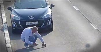 Drivers continued to plow through the roadway, despite a baby kitten trapped in the middle. Thankfully, one driver hit the brakes and hopped out to help this poor kitty. I'm so glad he was there to save this little guy!