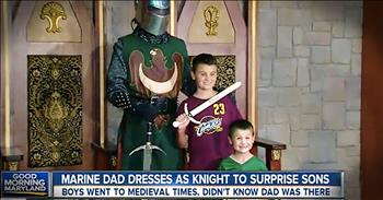 These 2 brothers thought that their Marine dad was serving overseas. But when they visited a local Medieval Times and stood next to a knight, they were in for an incredible surprise. The knight was actually their father in disguise and this emotional homecoming is one you just have to see!