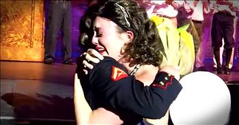 Kate Pentek was just about to take a bow in the stage production of Gypsy when she spotted a familiar face in the crowd. Kate's sister, Keri, who had been serving overseas with the Marines had returned home and was watching from the audience. Kate was able to finish her curtain call before leaping off the stage to give Keri a welcome home hug. What a sweet moment!