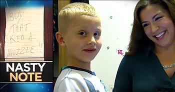 Mother Brittany Miller was stunned on a recent trip to the grocery store when she found a note in her cart that said she should 'buy that kid a muzzle.' Her 6-year-old son, Granderson, has autism and was imitating the sound of his favorite item, a fire alarm. Instead of speaking to her personally, this rude stranger left a note and walked away before Brittany could see who it was. Now she's speaking out to raise awareness for children with autism everywhere.