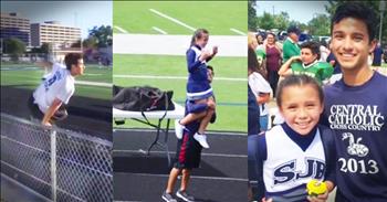 Addie Rodriguez was cheering at a football game when all of the other cheerleader's dads came out on to the field to put their daughters up on their shoulders. But Addie's dad is away training for the Air Force so he couldn't be there. High schooler Alexis Perry-Rodriguez was heartbroken seeing Addie missing her daddy so he leapt over the fence and hoisted her up on his shoulders. Alexis' kindness of this sweet girl will make your heart so full! God bless this kind young man!