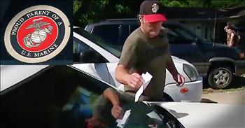 Lewis Alexander's son is a Marine serving oversesa. As a proud parent, Lewis has stickers on his car to show his support. So imagine his surprise when he went to the store and came back to find a hateful note on his car insulting his son and the military. I can't believe someone would say that.