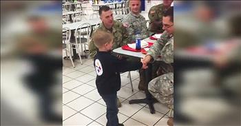 Recently, 5-year-old Caidon Markley and his father were at the local mall eating lunch when Caidon noticed a group of soldiers eating too. Caidon wanted to talk to the men, so his father encouraged him to go over and say something. And when this young boy walked up and said thanks...no wonder this scene is going viral.