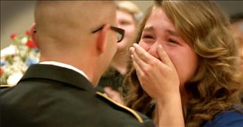 Haley Webb's military father has been serving overseas for almost 2 years. This strong girl puts on a brave face, but there's no doubt that she missed her dad. So when she started reading a biography of a veteran at a recent Veteran's Day ceremony, she was stunned to realize the bio was about her father. And when he finally walks across the gym towards her...such an amazing moment!