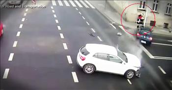 A traffic camera in Poland caught an incredible miracle on film. As a woman was walking down the street, two cars collided and one was sent flying right towards her. This woman ran for her life as the car smashed into a light post. Thankfully, the post stopped the car right away and saved this woman's life. Praise the Lord that she was saved! 