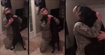 We can't imagine the thoughts that must go through a pet's head when their master leaves one day and doesn't come back.  We can see the complete and total joy in this dog as his Dad returns from a 6 month deployment.  That dog is a really good hugger <3
