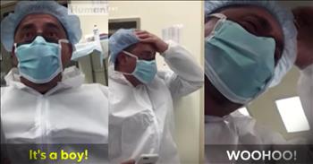 This mom and dad of five girls wanted to be surprised by the gender of baby number six. As his wife was having a c-section the doctors asked if they were ready to know the gender they were not prepared to hear him say 'it's a boy'. This dad had the most incredibly hilarious reaction. I'm gonna say he is excited. 
