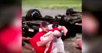 After a recent tornado in Texas this truck was blown off the road and flipped into the water. Trapped inside were two young children and their father who were drowning in the rushing waters. Thankfully some brave and determined strangers saw the disaster and rushed in to help. This rescue is hard to watch but praise the Lord everyone is recovering and survived. Wow these Good Samaritans are heroes.