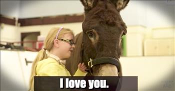 Amber was born at only 26 weeks and she sadly was born with serious health complications. Doctors had no choice but to perform a  tracheotomy. Amber is now 6 years old and she had never said a word until she was introduced to this therapy donkey. Amber truly came out of her shell with this special donkey and she said her first words, 'I love you' to her four legged friend. Oh my goodness how sweet is this?