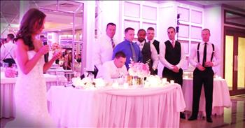 This bride was about to start her wedding toast when she asked some of her groom's friends to come join them at the front. James is a police officer and so are the men who stepped up to surround him as she started her toast. Then she started to talk about the sacrifice these men makeand how they put their lives on the line each and every shift. This toast is truly like nothing I have ever heard, and it is absolutely beautiful. God bless the great men and women who put on that uniform!
