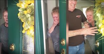 It was Donna's 75th birthday and her daughter Colleen didn't want to miss celebrating with her mom even thought she lived on the other side of the country. So Colleen decided to fly our and surprise her mom on her birthday. When Donna opened the door and saw her daughter standing in front of her she was so overwhelmed she shut the front door! But she didn't just shut the door once, she did it twice. Oh my stars you can see the surprise and shock written all over her face. It's a good thing dad was there or I don't know if she'd ever have gotten in!