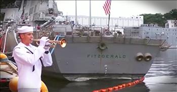 Seven US Navy sailors lost their lives when the vessel, the USS Fitzgerald, crashed into a cargo ship. Today, one sailor is paying tribute to his fallen brothers by standing on the dock and playing taps. This is a heart-wrenchingly beautiful way to honor their memories and let them know that someone is always keeping watch. Thank you to these sailors for making the ultimate sacrifice. 