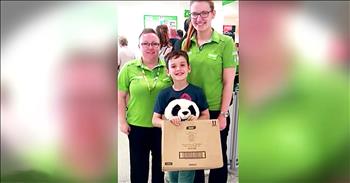 10-year-old Leon Ashworth fell in love with 'Pandy' when he saw the stuffed animal at the local grocery store. But when he asked him mom to purchase the toy, she told him that they didn't have the money right now and would have to wait until her next paycheck. 

Leon's mother had recently lost a child and times were difficult. Leon decided to write a note on the toy box, explaining the situation, so that nobody would buy the stuffed animal before he was able to come back. 

And when the store employees saw the writing, they decided to buy the toy themselves and find Leon. What an amazing moment to see!