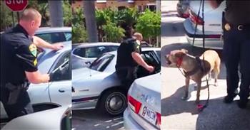 When a lady went back to her car in a Florida parking lot and saw a panting dog trapped inside a hot car she immediately called 911. She definitely did the right thing and waited by the car until the officers arrived. 

Then, she helped the officers get this poor dog out. Thankfully they were able to work quickly and rescue this dog. He was then taken to shade and hydrated. God bless these officers and how quickly they acted. 

As the weather starts getting hotter and hotter around the country, we need to be extra careful with our furry friends. Unlike humans, they can't sweat and cool themselves off and easily overheat, especially in cars where temperatures raise rapidly. If you see a dog in a hot car please call 911!