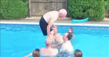 This 79-year-old may be a grandpa but he has more energy than most men half his age. Just watch as he attempts a back flip in the pool and you'll be very impressed.

With the help of a few family friends, this man went airborne and completed this crazy backflip. He was so enthusiastic about the whole thing and everyone was cheering about his hidden talent.

I hope I'm still able to something like this when I'm his age!