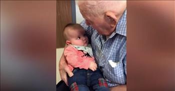 108-year-old Esmond Allcock is Canada's oldest man. This sweet man has over 70 descendants but not one of them carries his name. That finally changed with the arrival of his great-great-grandson who now shares his name. 

Esmond and his wife of 72 years had six children and that led to many grandchildren, great-grandchildren, and great-great grandchildren. Just watch the precious moment with this proud Papa holds little Esmond in his arms and says the sweetest words. 

There's truly nothing like holding one of your descendants and I know this moment was especially sweet for this elderly man. What a blessing that he has been able to witness so many family members come in to this world and now one very special boy can carry on his legacy. What do you think of this sweet meeting?