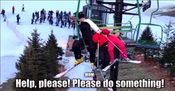 Taking a vacation with the family seems like a fun and relaxing time, but things quickly turned sour for this family during a recent ski trip. This  heroic mom is hanging on to her fallen children as they dangle from ski lift.  

Adam Browning was at Perfect North Slopes Ski Resort in Indiana when he saw a frightening sight. A mother was yelling for help as both of her children dangled from the ski lift chair. She was grasping tightly onto the child closer to her, a daughter, who was no longer on the chair at all. The child further away had a grip on the back of the seat but was slipping down with their sister. 

This desperate mom was doing all she could to hold her kids up while also trying to keep herself from slipping. Rescuers quickly formed under the panicked mother with a special tarp used for rescues just like this one. 

Thankfully, they got to the terrified family just in time. These rescuers made a beautiful catch as the little one dropped nearly 25 feet to the ground below. From there, this heroic mom was able to help pull her other child back onto the lift chair. What a scary moment this must have been for this family. I'm so glad everyone is alright.
