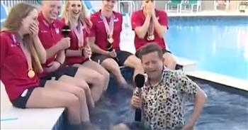 News Reporter Falls In The Pool During Live Interview