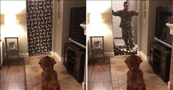 If you have been on the Internet or social media lately, you’ve probably seen the latest challenge that is circulating. In the challenge, pet owners are seen with a blanket and they hide behind it while their animals watch. Then, when they drop the blanket, the owner has disappeared and the pet’s reaction is recorded. There have been so many good reactions and it’s definitely brought a lot of laughs all around. But this particular rendition of the challenge is definitely my favorite. 

Private 1st Class Kevin has been away from his family for 9 months while he was training in Fort Bragg. That also meant that he was separated from his beloved four-year-old Golden Retriever, Zephyr. When Private Kevin was granted leave, his mom and brother picked him up at the airport and had a great idea. They decided to try the ‘What The Fluff Challenge’ with Private Kevin and Zephyr. Just watch as they pull out the blanket and get this adorable dog to sit in front. Then, the blanket rises and drops to reveal that this soldier has returned home. 

Zephyr is overjoyed to see that Private Kevin has returned home and you can see this excitement and love all this sweet pup’s face. God truly knew what He was doing when He placed animals on this Earth. And when we invite them into our homes, they really become a part of our families. This amazing reunion between owner and dog is the perfect example of just how powerful the bond can be. 