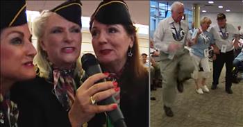 There is nothing better than seeing an older person truly enjoying themselves and reconnecting with their youth! These nimble WWII Vets are shimming to their favorite tunes while waiting at the airport for their Honor Flights.

Something truly contagious takes over when you hear the boogie woogie tunes from the 1940s. Most famous of the female partnering singers were the Andrew Sisters. With tight harmonies and creative lyrics, these sisters led the way of the 40’s war-era music. Now, several groups nationwide have stepped up to reenact these toe-tappin’ songs from WWII as a connecting point with the veterans and ambassadors to future generations.

As the WWII veterans begin to age, their families are trying to get them to Washington D.C. to view the memorial built in their honor. These Honor Flights carry hundreds of veterans yearly to the States’ capital. The celebration starts long before they board the planes to D.C. often with Andrews Sisters groups giving them an exciting vintage performance to set the mood.

This fantastic video was one such Honor Flight. These fellas weren’t going to take that flight sitting down! When the first gentleman heard “Boogie Woogie Bugle Boy” it was as though time had stood still and he was straight out of high school. With quick feet, he showed that not only did he have moves, he hadn’t forgotten them! From a Shim Sham step to a soft shoe routine and into “crazy legs” this vet was ready to dance the day away! It wasn’t long before the floor was quickly filled with lots of dancing seniors. They were so excited to get back to those dance steps that perhaps they had thought were long forgotten. As with many Honor Flights a few of the assistants, who clearly love and appreciate the WWII era, were on hand to dance with these amazing gentlemen! We loved how they tried to “cut in” on each other and neither wanted to give up their very talented dancing partner! 