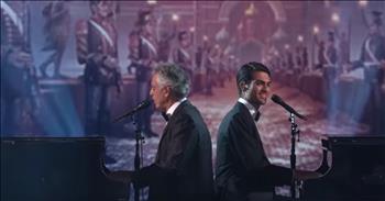 Andrea Bocelli and son, Matteo, are at it again with another stunning live performance on Dancing with the Stars!  We love watching this father-son duo realizing their musical dreams together. As part of the Disney-themed evening on DWTS, the song was a perfect choice as part of the evening’s line up.

With their backs to each other, each seated at a beautiful grand piano, the pair begin playing their hit song “Fall on Me” featured in Disney’s ‘Nutcracker and the Four Realms”. Beginning with Matteo singing the verse in English, Andrea follows singing in Italian. Their stunning vocals compliment each other and it’s clear that they truly love performing together. There is something truly moving about seeing Matteo look over to his shoulder to watch his father sing.

While the duo performs their new hit, professional dancers take the floor in a stunning choreographed couples dance. With sweeping turns and dips, they bring the emotion of this beautiful song to life! Hanging chandeliers, lit in a champagne pink to match the women’s dresses, add to the elegance of the performance.

The Disney film “Nutcracker and the Four Realms” opens in theatres November 1. It gives a new twist on the classic Christmas ballet story that so many have come to enjoy as part of their holiday traditions. In Disney’s film, Clara is given a key by her godfather, Drosselmeyer, to a sealed box containing a gift from her recently deceased mother. But the key falls into a parallel world containing the Land of Sweets, Snowflakes, Flowers, and the Fourth Realm. Clara must travel through them and defeat tyrant Mother Ginger to find her beloved treasure.

This stunning duet is part of Bocelli’s newest album,“Si”.  The album also features Matteo’s half-brother Amos, who is an exceptionally talented pianist as well. What a beautiful gift to be able to share their talents with the world as such a stunning collaboration! 