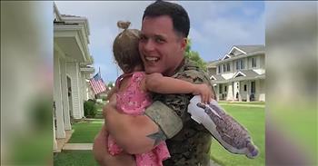 This Marine just pulled off the sweetest homecoming surprise for his daughter and every precious moment was captured on camera. It’s never easy to be separated from a loved one. But this is the reality that many military families in our nation must face every single day. 

They are separated from their loved ones and must navigate the world without them for a prolonged time period. This means celebrating births, birthdays, holidays and more without these special people by your side. Even though we are all so proud of what these brave men and women are doing for our country, there is still a piece of our heart that aches for them to return home. This little girl has been missing her daddy while he has been serving in the Marine Corps. 

Today, she thinks she is getting a bunch of cookies, but the real surprise is even better. Just watch as she clutches her ‘Daddy Doll’ and runs outside to see a big box on the sidewalk. She is so excited because that box could hold a whole lot of cookies. As she starts to rip away the paper, she finds that the real surprise is her dad. He orchestrated this entire homecoming reunion and the smile on this girl’s face is worth every moment. 

I know this adorable toddler is happy to hug her real daddy right now. We are eternally thankful for the freedoms we have because of men and women like these who sacrifice for their country.