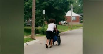 An inspiring act of kindness from American’s heartland is seen when a 16-year-old boy rushes to push a disabled man in his wheelchair away from the harm of oncoming tornadoes.
 
Seth Phillips knew he had to do something when he saw an older gentleman outside while tornado sirens were going off in his town. They were signaling that tornadoes were about to sweep through Jefferson City, the capital of Missouri. And after seeing pictures of the aftermath of that storm, those tornadoes were deadly and tore up everything that was in their path.
 
The man in the wheelchair, a double amputee who is also legally blind, didn’t have enough time to get to safety, and that is when Seth stepped in. He was in his mother’s car and jumped right out to help the man. Since the car was not very big and it may have been difficult to transfer the man and his wheelchair into the car, Seth came up with a plan of action. He starts running and pushing the wheelchair up a large hill to get the man out of harm’s way.
 
“My biggest fear was that this man wouldn’t make it home and he wouldn’t be alright,” explains Seth.
 
While Seth is pushing the man uphill, his mother is following behind him in her car and recording his selfless act on her cellphone.
 
“I am incredibly proud of my child,” says Seth’s mom. “He has a very good heart.”
 
Because of Seth’s quick actions, the man in the wheelchair made it to safety. Seth and his mom did as well. Thank goodness! What a Good Samaritan Seth is! And what a great reminder for us all to take care of those in need around us. You never know when you’re helping hand could change someone’s life.
