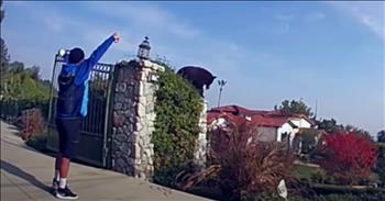 <p>It is not every normal workday when you encounter a wild animal. Check out this video of a security camera capturing an Amazon delivery driver face to face with a bear.</p>

<p>As an Amazon delivery man walks up to a gated home, a black bear is inside the gate. As the gate is opening you can hear a voice on the intercom say, &ldquo;Stop, stop, stop right now! There&rsquo;s a bear right there.&rdquo; He continues, &ldquo;There&rsquo;s a bear right there. There&rsquo;s a bear. Back away!&rdquo; The man steps back and, intrigued by the thought, walks over towards the wall.</p>

<p>Suddenly, a large black bear leaps up on the top of the wall. The Amazon delivery man was incredibly smart and when the bear made eye contact with him, he raised his arms above his head and the bear looked away seemingly uninterested. The bear came off of the wall. Then, the delivery man headed in through the gate safely.</p>

<p>Josh and Lacy Morgan are the homeowners in Upland, California. They shared how shocked they were that he remained so calm and then delivered their package anyways. Lacy comments, &ldquo;That guy is brave. Oh my goodness, he deserves a raise.&rdquo;</p>

<p>The way that this man remained calm reminds me that God did not give us a spirit of fear. When he saw the danger, he had knowledge of how to stay safe. When we encounter the attacks of the enemy or sin in this world, we can have the peace of the Lord because we know He is with us.&nbsp;</p>

<p><em>&ldquo;For God has not given us a spirit of fear and timidity, but of power, love, and self-discipline.&rdquo; <a href="https://www.godtube.com/bible/2-Timothy/1-7">2 Timothy 1:7</a></em></p>
