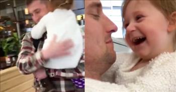 <p>There is nothing quite like a family reunion, toss in a military family, and it makes for an emotional moment. In this video, a toddler is full of joy and tears when military dad comes home.</p>

<p>This precious little girl is in this video and her mother tells her to look. She says, &ldquo;Can you look right there.&rdquo; The mother slowly backs away from the girl videoing.&nbsp;</p>

<p>The girl looks curious as to what is going on. Her face is amazed as she squeals, saying, &ldquo;Daddy!&rdquo; She cannot help but run to her military father, who has come back full-speed ahead into his loving arms.&nbsp;</p>

<p>The girl giggles with joy that her dad has returned to her again. She smiles, laughs, and says, &ldquo;Daddy,&rdquo; her day has been made. He kisses her on the cheek.&nbsp;</p>

<p>She cuddles his face and is overcome with joy. He says, &ldquo;Did daddy surprise you?&rdquo; She says excitedly, &ldquo;Yeah!&rdquo; He says, &ldquo;Are you so surprised?&rdquo; His daughter responds, &ldquo;yeah.&rdquo;&nbsp;</p>

<p>This surprise is the sweetest moment between a father and his daughter. The little girl had no idea that her dad was coming back for her, but He came to her.&nbsp;</p>

<p>This reminds us that although Jesus ascended into Heaven after He died and rose, He is coming back for us one day. Our heavenly Father is going to come and get us.&nbsp;</p>

<p>We will be reunited with Him forever and it will be sweeter than this little girl&rsquo;s moment with her earthly dad. May this clip remind us how dearly loved we are today.</p>

<p><em>&ldquo;So you also must be ready, because the Son of Man will come at an hour when you do not expect him..&rdquo; <a href="https://www.godtube.com/bible/Matthew/24-44">Matthew 24:44</a></em></p>
