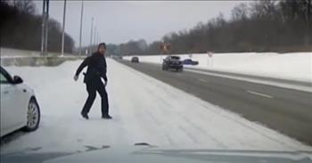 <p>Check out this dashcam video of an alert police officer jumping out of the way when he sees a truck sliding toward him on the ice.</p>

<p>A police officer in Willoughby, Ohio was responding to a single-car crash while standing on the shoulder of a highway. You can see that the road is covered with ice, and the police officer is very attentive to watch the oncoming traffic as he helps the car on the side of the road.</p>

<p>He then notices a pick-up truck barreling toward him with great speed, and he jumps out of the way. &quot;Hang tight!&quot; the officer yells at the driver he was helping, who was still in their car.</p>

<p>The pick-up truck then smashes into the passenger side of the police vehicle, and the loud bang can be heard on the camera. Debris from the truck flies everywhere. What a terrifying moment! Thank goodness the police officer jumped out of the way when he did!</p>

<p>As the truck slides further down the highway, the police officer calls in the accident. &ldquo;My car just got smashed. I need another unit,&rdquo; he says to his radio.</p>

<p>Despite the car crash, police say that the driver was not injured.</p>

<p>With us being in the middle of winter right now, icy roads are a common occurrence. But with the right precautions, like slowing down and using your breaks gently, you can reduce your risk of accidents.</p>

<p>Thank the Lord that the police officer was able to jump out of the way of the pick-up truck and that no one was hurt in the car crash. May this video serve as a reminder to stay safe out there in those ice conditions!</p>

<p><em><a href="https://www.godtube.com/bible/psalms/28-7">Psalm 28:7</a><br />
&ldquo;The LORD is my strength and my shield; my heart trusts in Him, and He helps me. My heart leaps for joy, and with my song I praise Him&rdquo;</em></p>
