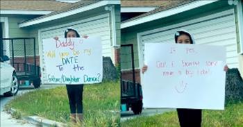 <p>One young woman found a sweet and hilarious way to ask her father to take her to an upcoming father-daughter dance.</p>

<p>Within the last decade or so, social media has exploded with videos of young men asking young women to accompany them to a dance. Usually, these short clips are nothing more than showy, over-the-top and extravagant attempts to get attention on Facebook or Twitter.&nbsp;</p>

<p>Seriously, how many ways can one 17-year-old ask another 17-year-old to a dance that happens annually? Apparently, a lot because those videos seem to populate social media around the first of May every year.&nbsp;</p>

<p>Well, <a href="https://www.youtube.com/watch?v=N1_bm6AOtMk">one video posted on YouTube</a> shows one young woman went with a simpler and much more low-key route when asking someone to take her to the dance. Additionally, instead of going to the prom, the clip shows that the little girl wanted to go to the father-daughter dance.&nbsp;</p>

<p>In the video, the child, who stands at the end of the driveway, holds up a sign with a message written in several colors, indicating her desire to go to the dance.</p>

<p>The sign reads, &ldquo;Daddy will you be my date to the Father/Daughter Dance?&rdquo;&nbsp;</p>

<p>That&rsquo;s a simple enough request? But the little girl also managed to infuse a bit of humor in her sweet inquiry of her father. Seconds later, the little girl turns her sign around, which has an additional message.</p>

<p>The back of her sign reads, &ldquo;If yes, Can I borrow some money to buy tickets?&rdquo;</p>

<p>The short video ends before the girl gets a firm answer, but it&rsquo;s safe to say that her father took her to the dance. He may have even offered to buy the tickets, too.</p>

<p>This sweet, touching gesture, a daughter asking to spend a fun evening with her father, is likely a moment they both will remember for a long time.</p>

<p><em><a href="https://www.godtube.com/bible/ephesians/6-4">Ephesians 6:4</a> &ldquo;And, you fathers, do not make your children angry: but give them training in the teaching and fear of the Lord.&rdquo;</em></p>
