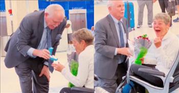 <p>One man&rsquo;s beautiful marriage proposal in the airport had many watching and wiping away tears as they looked upon the tear-jerking scene.</p>

<p>Marriage, and the exchanging of vows, is a fantastic, life-long commitment between two people who love one another. The wedding ceremony is one between individuals who promise to stay together through the good and the bad. But before the bride can walk down the aisle to her groom, a particular question must be asked first.</p>

<p>A <a href="https://www.tiktok.com/@adayamilavila/video/7250878090287598891?embed_source=121355058%2C121351166%2C121331973%2C120811592%2C120810756%3Bnull%3Bembed_name&amp;refer=embed&amp;referer_url=www.sunnyskyz.com%2Fhappy-videos%2F12542%2FThis-Wedding-Proposal-At-Tampa-International-Airport-Is-One-Of-The-Best-I-039-ve-Ever-Seen&amp;referer_video_id=7250878090287598891">video posted on social media</a> captures the moment one man proposed marriage to the love of his life. The man&rsquo;s sweet words had everyone within earshot of the unique moment in tears at the Tampa International Airport.&nbsp;</p>

<p>The short, 3-minute clip begins with the older gentleman giving the woman flowers, a bouquet of roses. He then plants a kiss on her lips and asks her to take a seat in front of him.&nbsp;</p>

<p>After the woman finds a seat, the gentleman pulls out a blue box. It&rsquo;s unclear what piece of jewelry is in the box. They exchange words, but those are also not discernible. However, those mysteries do not diminish this sweet moment at all.&nbsp;</p>

<p>Seconds later, the man places a knee pillow on the ground, kneels and pulls out a piece of paper with prepared words. It&rsquo;s now clear to everyone what is about to take place.&nbsp;</p>

<p>Before he asks her the question, he goes through their long, personal history that spans six decades.</p>

<p>&ldquo;My dearest Nancy, it&rsquo;s been 60 years since we first met,&rdquo; the older gentleman says. &ldquo;Fifty-six years since we first dated and 10 years since I saw you last and 20 days since we began. You have always been the one I&rsquo;ve had a crush on since your cheerleader days.&rdquo;</p>

<p>As the man goes through his prepared words, he picks up quite the crowd. Several travelers stop and take in the moment. Many even take out their phones to film the man proposing marriage to the woman he loves.&nbsp;</p>

<p><em><a href="https://www.godtube.com/bible/1-corinthians/13-13">1 Corinthians 13:13</a> &ldquo;But now we still have faith, hope, love, these three; and the greatest of these is love.&rdquo;</em></p>
