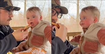<p>An adorable child had an absolutely priceless and hilarious reaction to her first bite of pizza.</p>

<p>Everyone has likes, dislikes and tastes. Preferences differ wildly regarding things like movies, television shows and even clothing. However, this differentiation of likes and dislikes is most apparent when it comes to food.&nbsp;</p>

<p>Tastebuds can vary significantly between individuals. Some people enjoy bitter food products, but some find them revolting and choose to stay away from them. Some might be drawn to and earnestly seek out sour taste, while others may avoid sour food like the plague.&nbsp;</p>

<p>However, no matter your likes or dislikes regarding food, there is one universally loved dish: pizza. Seriously, who doesn&rsquo;t like pizza? Not only is it delicious, but it&rsquo;s so versatile. You can put anything on a pizza (Yes, even pineapple. It does go on pizza!), and the odds are pretty good that it will still taste better than most things you&rsquo;ll ever put in your mouth.</p>

<p><a href="https://www.tiktok.com/@emilywirsingslater/video/7351579173976231214">A short but hilarious clip</a> on social media captures the moment an adorable little girl discovers this delectable item we all know and love. Her hysterical reaction to enjoying her first bite of pizza is likely to be the cutest thing you&rsquo;ll see all day!</p>

<p>In the video, Dad enjoys a slice of pizza as his daughter sits at the table right before him. She is clearly intrigued and wants a bite. He offers up the slice of tasty pizza to his daughter. With her mouth open, she leans over slightly, takes the pizza into her mouth and takes a bite.&nbsp;</p>

<p>Once the piece is in her mouth, she looks at her father, and her eyes light up at the magical taste she is experiencing for the first time. Moments later, she kicks her legs wildly, wanting to enjoy another bite as quickly as possible.</p>

<p>We entirely understand, little girl. We are all right there with you!</p>

<p><em><strong><a href="https://www.godtube.com/bible/proverbs/22-6">Proverbs 22:6</a></strong> &ldquo;Train up a child in the way he should go, even when he is old he will not be turned away from it.&rdquo;</em></p>
