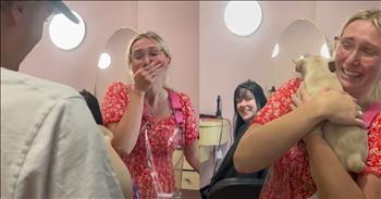 <p>One woman, a hair stylist, was surprised at work with a brand new puppy, and her reaction to the canine was heartwarming, sweet and enough to melt hearts everywhere.&nbsp;</p>

<p>There arguably isn&rsquo;t anything cuter on the Earth than babies, puppies and kittens. Most of the time, when anyone sees any of them, people must immediately stop and admire the precious sight before them. An individual&rsquo;s next move is to either comment on how cute the infant, puppy or kitten is or to ask to hold the baby or pet the animal.</p>

<p>It must be some law that everyone must stop whatever they are doing whenever they come across either one because it always happens. It could be raining, freezing or snowing outside, but if someone sees a puppy being walked, they will somehow stop and acknowledge the animal. Sometimes, people may even start tearing up when seeing a baby, puppy or kitten.</p>

<p><a href="https://www.youtube.com/watch?v=S9Ka2_sHJkw">A clip posted on social media</a> captured one woman&rsquo;s sweet, emotional reaction after being surprised at work with a new puppy. Immediately after laying eyes on the French bulldog puppy, tears start flowing.</p>

<p>The short, one-minute video starts with the camera following a young man carrying the dog. A few seconds into the video, he walks into a hair salon and greets his girlfriend with the puppy. She cannot contain her excitement and joy at seeing the sweet pup securely nestled in her boyfriend&rsquo;s arms.</p>

<p>He doesn&rsquo;t even say a word to her. The sight of the dog is enough to cause her to become overwhelmed with emotion.</p>

<p>The customers and the woman&rsquo;s co-workers also take in the sweet sight, commenting on the precious pup and the woman&rsquo;s heartwarming reaction to the animal.</p>

<p>Near the end of the video, her boyfriend transfers the dog into the woman&rsquo;s arms, and it&rsquo;s clear that she is already completely in love with the little pup.</p>

<p><em><strong><a href="https://www.godtube.com/bible/proverbs/12-10">Proverbs 12:10</a></strong> &ldquo;An upright man has thought for the life of his beast, but the hearts of evildoers are cruel.&rdquo;</em></p>
