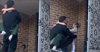 <p>This video will bring you to happy tears. These children's sweet reactions to their father's surprise return will melt your heart.</p>

<p>At the start of this video, the dad places his video camera on the ground on their front porch. He squats down to tell us that his kids think that he is coming home next week and that he is surprising them. He goes to the door and knocks on it, stepping back to say hello. The dad stands ready to embrace his children. As he knocks, the little boy says in the background, &ldquo;Hello.&rdquo; He screams out, &ldquo;Daddy!&rdquo; running towards his father and jumping into his arms.&nbsp;</p>

<p>The two hold on to one another as you hear a little girl in the background yell, &ldquo;Daddy,&rdquo; as well. The father squats down while holding his son, preparing to embrace his daughter as well. This precious little preschooler runs to her dad, holding him with tears in her eyes. She smiles at him. The little girl adorably says, &ldquo;What a nice surprise.&rdquo; You hear crying in the background. The girl goes to find her mommy to tell her that daddy is home. The boy continues to cry and cannot let go of his daddy. They tell each other how they have missed each other.&nbsp;</p>

<p>Watching this video might bring tears to your own eyes. There is nothing sweeter than the welcoming of family. It is a precious moment to witness this reunion. It reminds us that one day we too will be reunited with our Heavenly Father in a great surprise. We will see Him face to face and be with Him forever home. He will wipe away the tears from our eyes and we will be in celebration that eternity in heaven has begun.</p>

<p><em>&ldquo;He will wipe away every tear from their eyes, and death shall be no more, neither shall there be mourning, nor crying, nor pain anymore, for the former things have passed away.&rdquo; &nbsp;<strong><a href="https://www.godtube.com/bible/Revelation/21-4">Revelation 21:4</a></strong></em></p>
