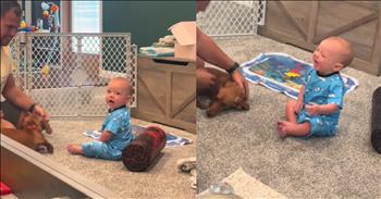 <p>In a heartwarming video that's captured the hearts of over 23 million viewers and counting, a bouncing baby boy meets his first dog and can&rsquo;t stop laughing.&nbsp;</p>

<p>Kristen and Elijah McKinney shared a priceless <a href="https://www.tiktok.com/@mckinneyadventures/video/7388114941339012398">moment </a>of pure joy and puppy love. Their 6-month-old son, Easton, was about to embark on a furry adventure of a lifetime&mdash;meeting a dog for the very first time!</p>

<p>From the moment Easton and his new four-legged friend crossed paths, it was clear they were destined to be forever friends. The pup, tail wagging a mile a minute, couldn't contain the excitement of meeting his tiny human companion. Meanwhile, Easton's infectious giggles filled the room as he watched his new buddy scamper around. This almost caused him to topple over in laughter!</p>

<p>But the magic didn't stop there. Kristen and Elijah said this heart-melting <a href="https://www.tiktok.com/@mckinneyadventures/video/7388114941339012398">interaction </a>lasted a whopping 30 minutes straight&mdash;a testament to the instant connection between baby and dog. "Favorite video in my camera roll right now," they <a href="https://www.tiktok.com/@mckinneyadventures/video/7388114941339012398">shared</a>, capturing the essence of this precious moment.</p>

<p>As the video spread across the internet, viewers couldn't help but melt over the sheer delight shared between baby Easton and his furry friend. Comments poured in, with one person <a href="https://www.tiktok.com/@mckinneyadventures/video/7388114941339012398">marveling</a>, "I don't know who's more excited, the dog or the baby?" Another couldn't help but <a href="https://www.tiktok.com/@mckinneyadventures/video/7388114941339012398">note</a>, "The baby got a dog, and the dog got a baby&mdash;a match made in heaven!"</p>

<p>And amidst the adoration, one observer beautifully summed up the sentiment, noting how the dog seemed to be thinking, "What is this lovely mixture of my two favorite people?" Indeed, the video captured not just a moment of introduction but a timeless bond forming&mdash;one filled with laughter, love, and the promise of many more tail-wagging adventures to come.</p>

<p><em><strong><a href="https://www.godtube.com/bible/job/8-21">Job 8:21</a></strong> "He will yet fill your mouth with laughter, and your lips with shouting."&nbsp;</em><br />
&nbsp;</p>
