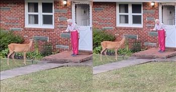 <p>An elderly woman and a deer shared an unbelievable and heartwarming moment. The interaction resembles something from a movie, television show or fairytale. You have to check out this video, which captures the surprising and sweet moment.</p>

<p>Most people love and adore animals. How can you not at least have a soft spot in your heart for those creatures? Most of them are incredibly sweet and loyal and just want someone to love and treat them right. Show a dog or cat a little attention and kindness, and you&rsquo;ll likely have a friend for life.</p>

<p>However, not all animals are as welcoming and open to human attention. Domesticated animals like dogs, cats, rabbits and even some birds enjoy a human&rsquo;s touch and kindness. Of course, those who live in the wild are much more suspicious and on edge when humans are around. Even seeing a human from a distance is enough to cause some critters to scatter and run off to find what they believe to be a safer area.</p>

<p>Deer are some of the most skittish and easily frightened animals. Even the slightest movement will send a deer sprinting in the other direction. Well, <a href="https://www.tiktok.com/@wafflecasserole/video/7390871938471578910">a video posted on social media</a> captured a deer literally walking up to an elderly woman&rsquo;s front door.</p>

<p>The video begins with the woman standing outside on her front porch as a deer slowly approaches her. The woman gestures toward the animal and even speaks to her wildlife visitor. The deer does not appear to be frightened in the slightest, although it does maintain some space between them &ndash; staying a few feet away from her.</p>

<p>According to the video's text, the woman who captured the interaction was out on her nightly walk through her neighborhood when she spotted the woman and the deer.</p>

<p>The text at the top of the screen reads, &ldquo;I felt like I was watching snow white.&rdquo; That is a perfect way to describe that unbelievable moment.&nbsp;</p>

<p><em><strong><a href="https://www.godtube.com/bible/genesis/1-21">Genesis 1:21</a></strong> &ldquo;And God created great whales, and every living creature that moves, which the waters brought forth abundantly, after their kind, and every winged fowl after his kind: and God saw that it was good.&rdquo;</em></p>
